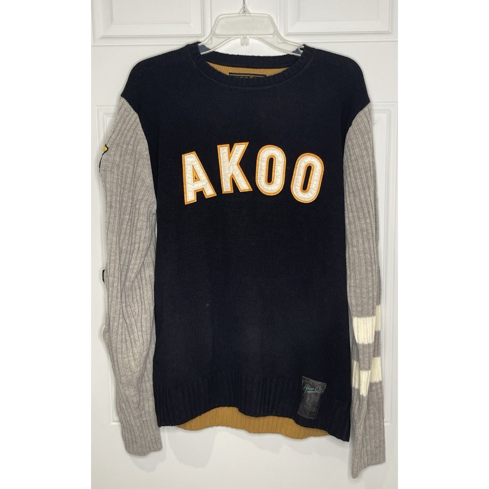 Rare Akoo Black Crewneck Sweater Men's Large Patch Academia Varsity No Rivals TI